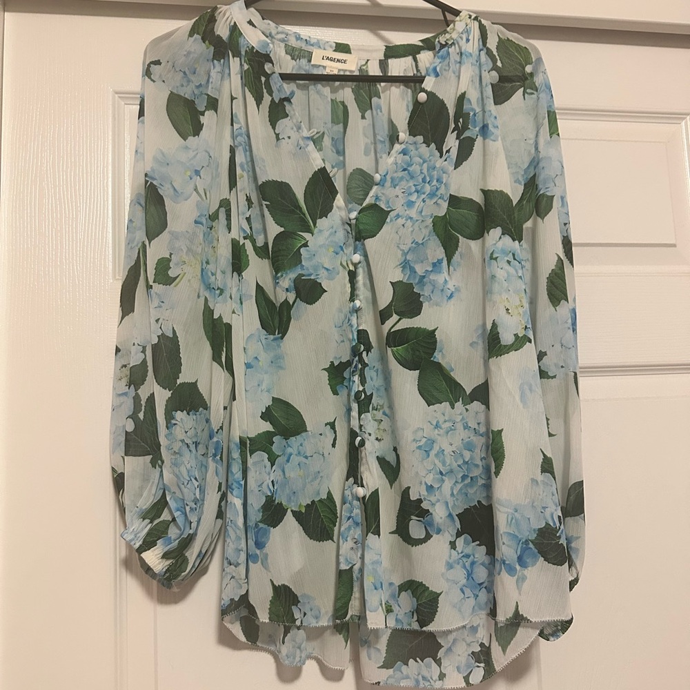 L’AGEANCE Floral Sheer Blouse - Blue and Green